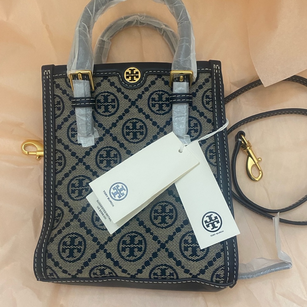 Tory Burch Navy and Beige Logo Jacquard Mini Tote
